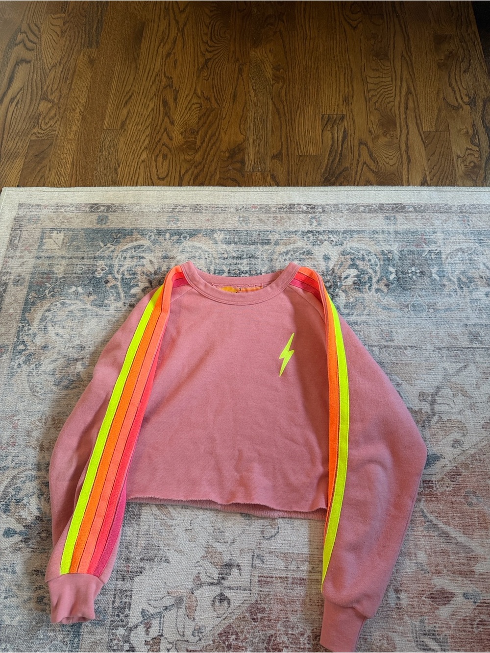 Aviator Nation Pink Cropped Sweatshirt with Neon Stripe Accents